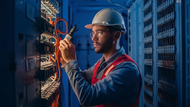 A male electrician works in a switchboard with an electrical connecting cable