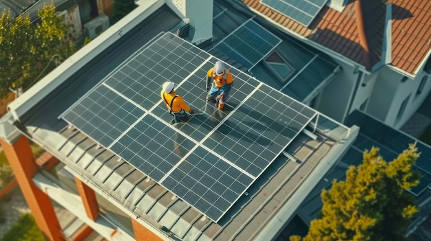 Male electricians building photovoltaic solar station on house roof for renewable energy