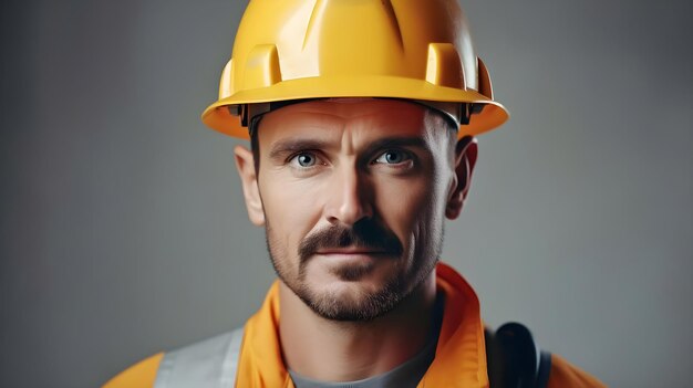 Male engineer close up on plain gray background