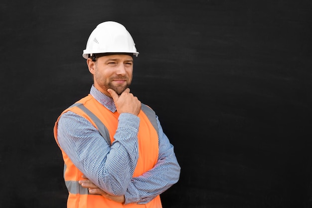 Male Engineer Hard Hats West Confident Build Worker Blank Black Background Build Service Copy Space