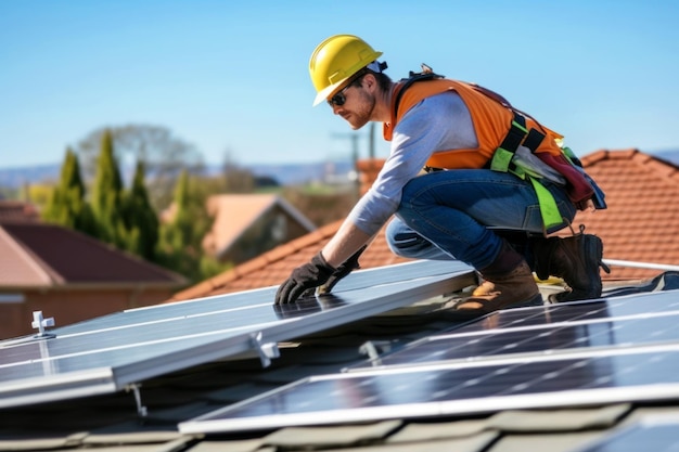 A male Engineer in helmet installing solar panel system outdoors on house roof on a sunny day Concept of alternative and renewable energy