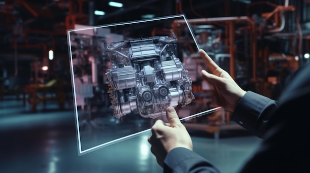 Male engineer holding a computer tablet Design an engine in an Augmented Reality app