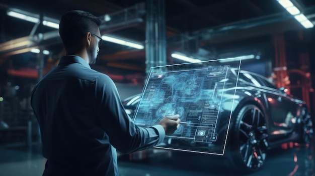 Male engineer holding a computer tablet engine design Hologram car model in HUD UI GUI hardware diagnostics engine condition