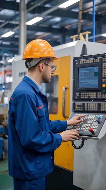 Photo male engineer operating cnc machine in control panel at factory