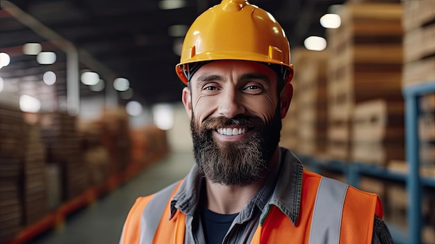 A Male Engineer in Safety Vest and Hardhat Professional Man Working in the Modern Manufacturing Factory Generative Ai