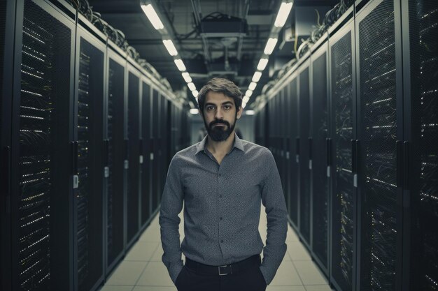 Male engineer in server room Data center maintenance Generative AI