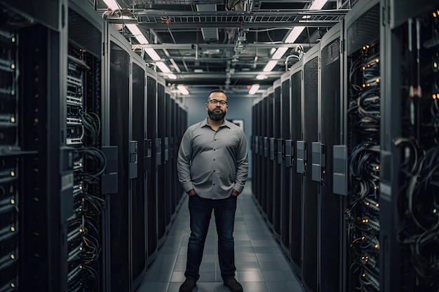 Male engineer in server room Data center maintenance Generative AI