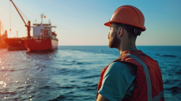 Male engineer stands on ship deck gazing at sea