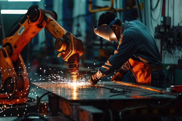 Male engineer tests robot arm welding machine at industrial factory