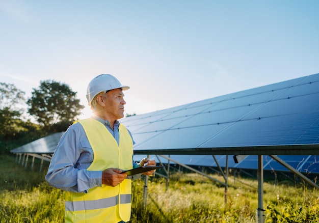 Male engineer using tablet to inspect the solar panels eco energy concept high quality photo