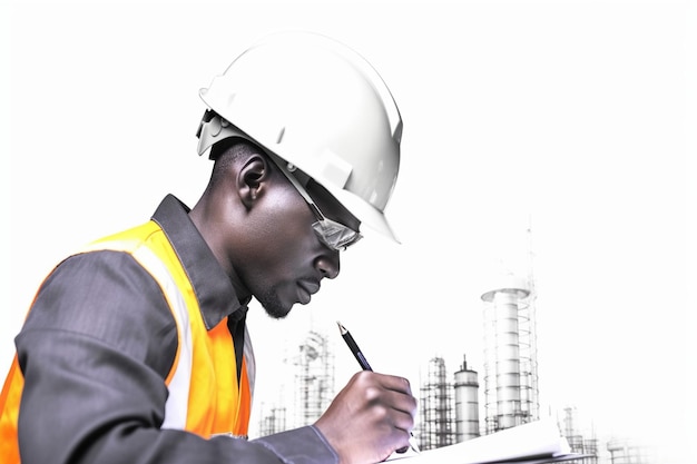 Male engineer writing on clipboard over white background