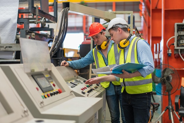 Male engineers in safety vest with helmet discussing while checking and repairing machine in factory