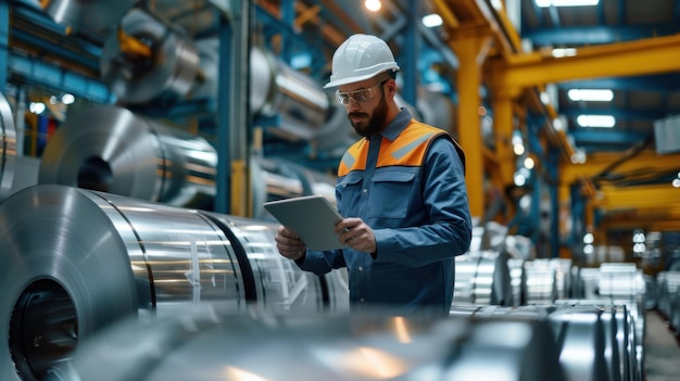 Male factory worker wearing safety suit Use a digital tablet Inspect the quality sheet metal rolls in the factory during the production process