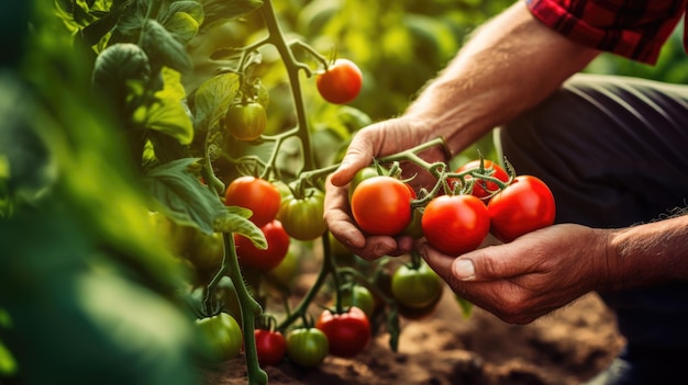 Male farmer harvests tomatoes by hand