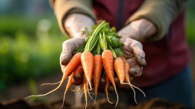 Male farmer holding a carrot crop in his hands