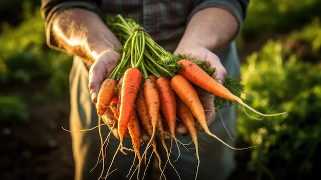 Male farmer holding a carrot crop in his hands