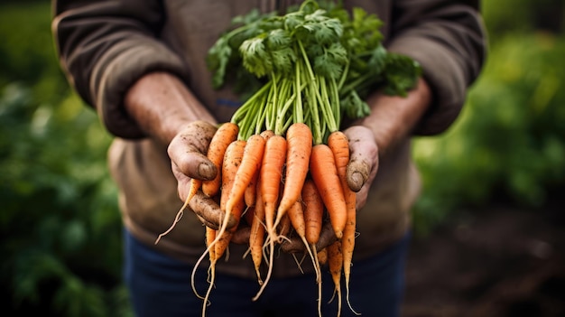 Male farmer holding a carrot crop in his hands