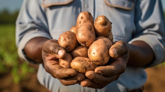 Male farmer holding a potato crop in his hands