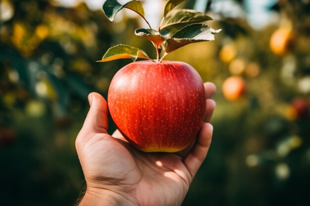 A male farmer holds a ripe red apple in his hand