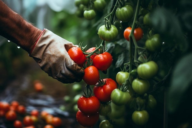 A male farmer holds ripe red tomatoes in his hands