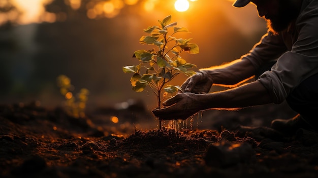 A male farmer plants a tree sprout in loose wet soil at sunset Closeup of a hand Theme of environmental protection and restoration