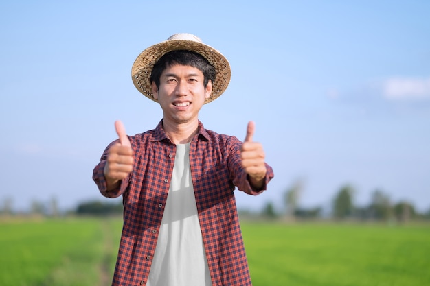 A male farmer in a striped shirt is standing smiling with two thumbs up in a green field. Selective focus on face image.