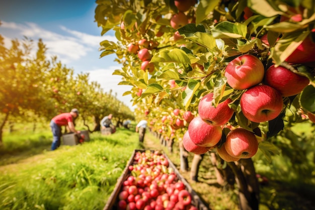 A male farmer workers harvesting apples at fruit orchard garden