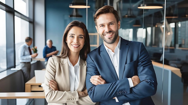 Male and female business couple posing smiling at their business office looking at the camera