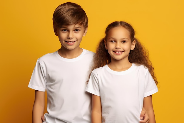 Male and female child boy and girl siblings wearing white mockup tshirt