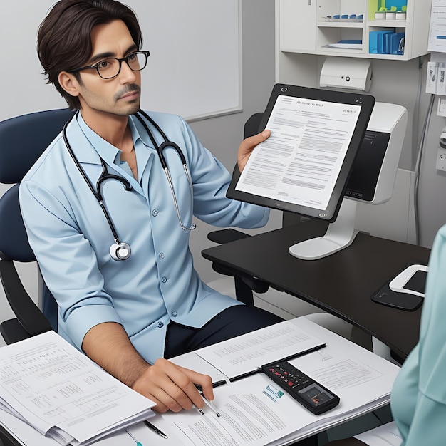 A male and female doctor sitting her hospital office chair and looking at her patient treatment docu