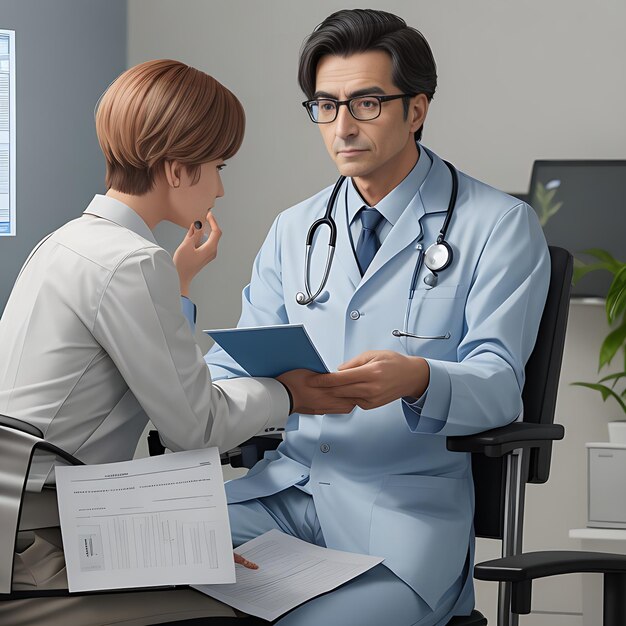 A male and female doctor sitting her hospital office chair and looking at her patient treatment docu