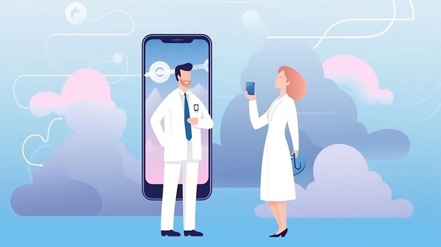 Male and female doctors making presentation near phone 3D illustration