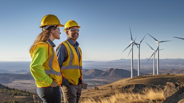 Male and female engineers engaged in a wind farm construction project in a rural Generative AI area