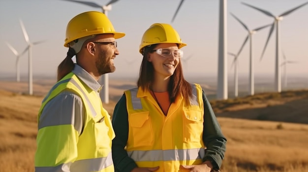 Male and female engineers engaged in a wind farm construction project in a rural Generative AI area