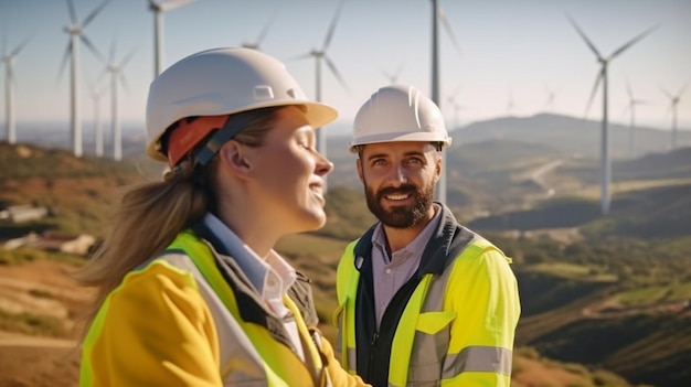 Male and female engineers engaged in a wind farm construction project in a rural Generative AI area