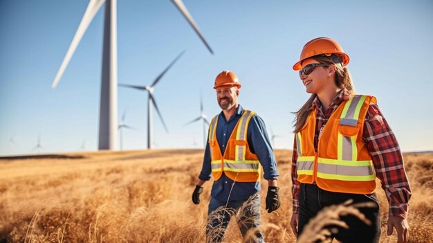 Male and female engineers engaged in a wind farm construction project in a rural Generative AI area