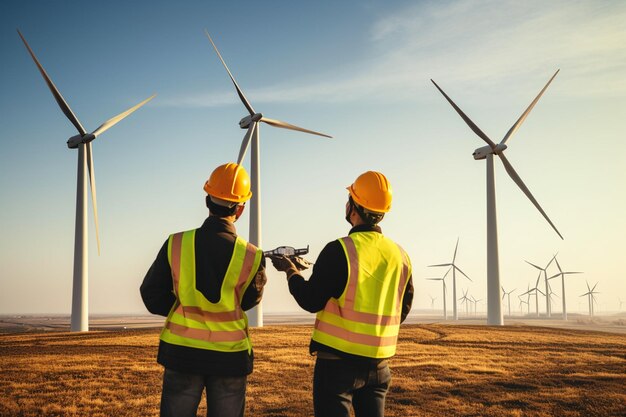 Male and female engineers working on a wind farm Future production of renewable sustainable energy and climate change Generative AI