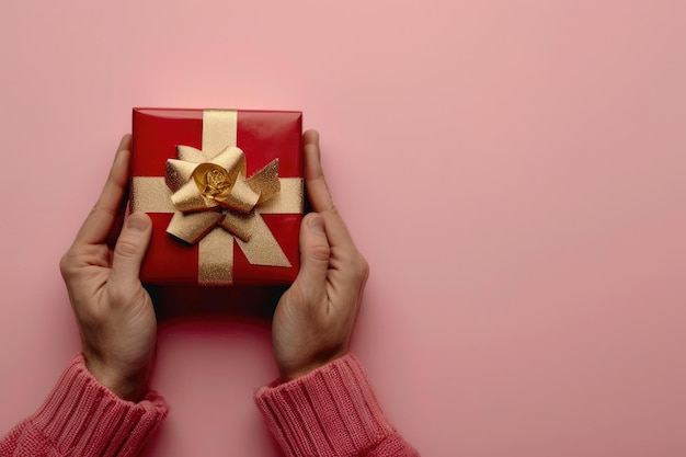 Male and female hands holding red gift box on pink background