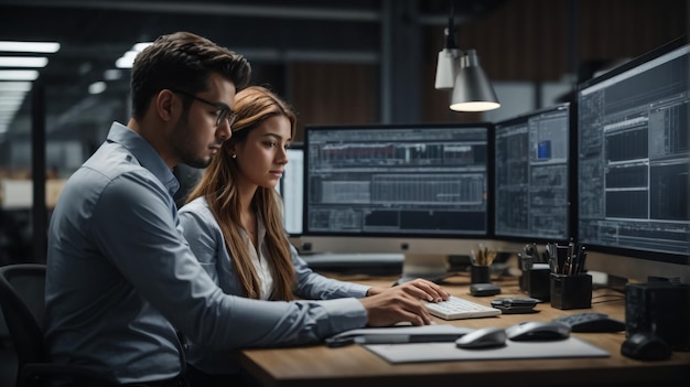 Male and Female Industrial Engineers in Hard Hats Discuss New Project while Using Laptop They Make Showing GesturesThey Work in a Heavy Industry Manufacturing Factory