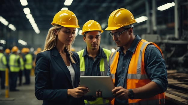 Male and Female Industrial Engineers in Hard Hats Discuss New Project while Using Laptop They Make Showing GesturesThey Work in a Heavy Industry Manufacturing Factory