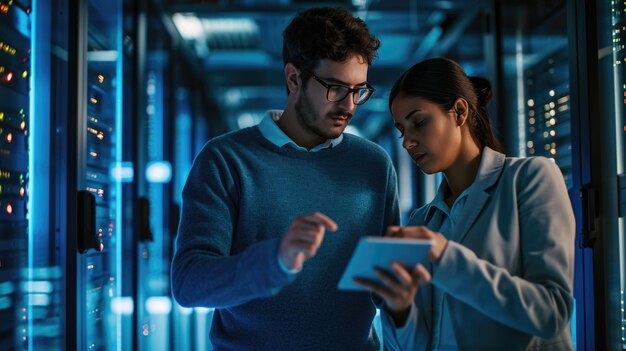 Male and a female IT professional in a data center with the woman holding a tablet and the man observing likely collaborating on a task