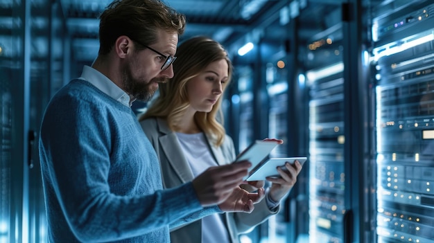 Male and a female IT professional in a data center with the woman holding a tablet and the man observing likely collaborating on a task