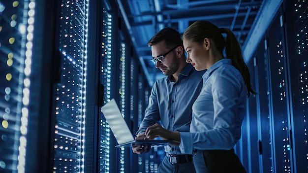 Male and a female IT professional in a data center with the woman holding a tablet and the man observing likely collaborating on a task