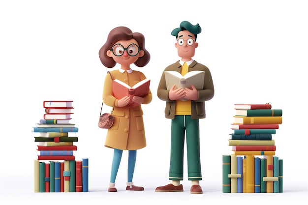 Photo male and female librarians characters with books and reading glasses cartoon 3d illustration set of man and woman organizing a library generated by ai