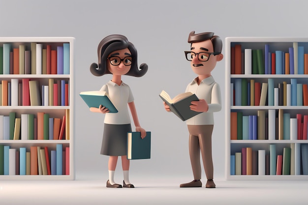 Photo male and female librarians characters with books and reading glasses cartoon 3d illustration set of man and woman organizing a library generated by ai