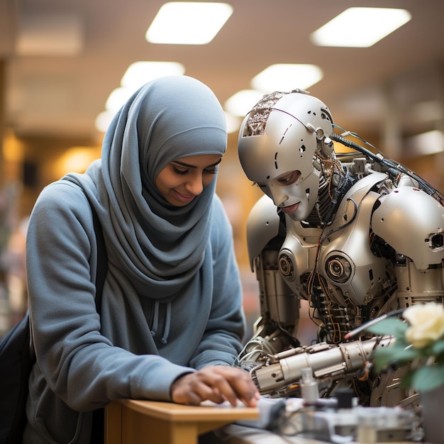 A male and female student with robot in the lab