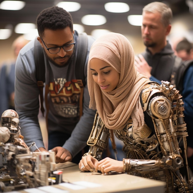 A male and female student with robot in the lab