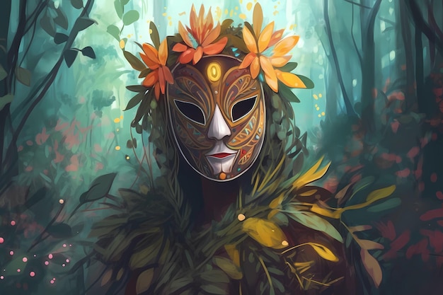 Male figure protecting a forest with a natural mask on Generative AI