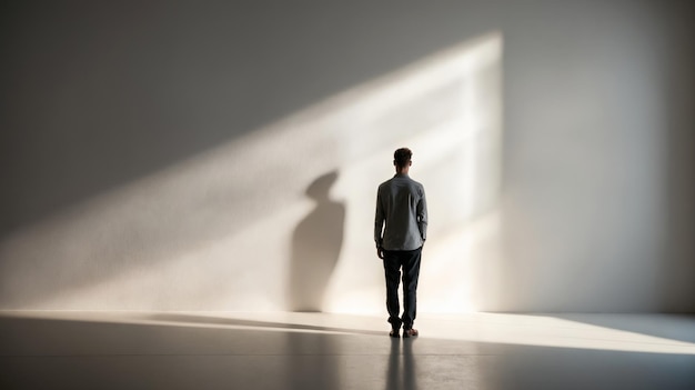 male figure standing in front of wall Minimalistic background with man and shadow on wall