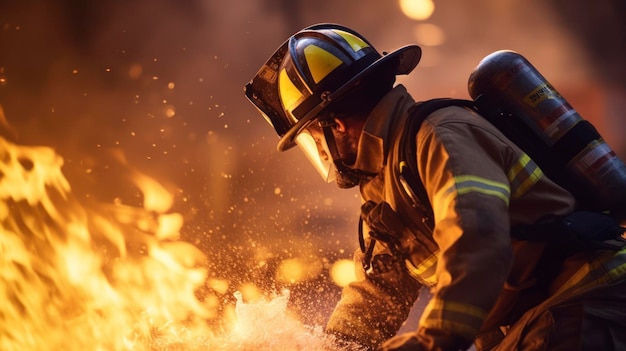 Male firefighter fighting a fire